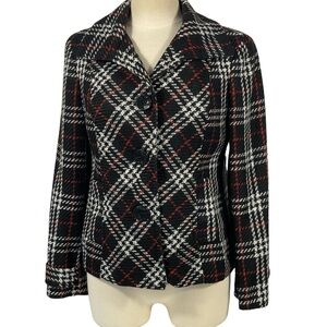 Chico’s Black Red White Plaid Boucle Sz 0/XS/S Blazer Jacket Pea Coat